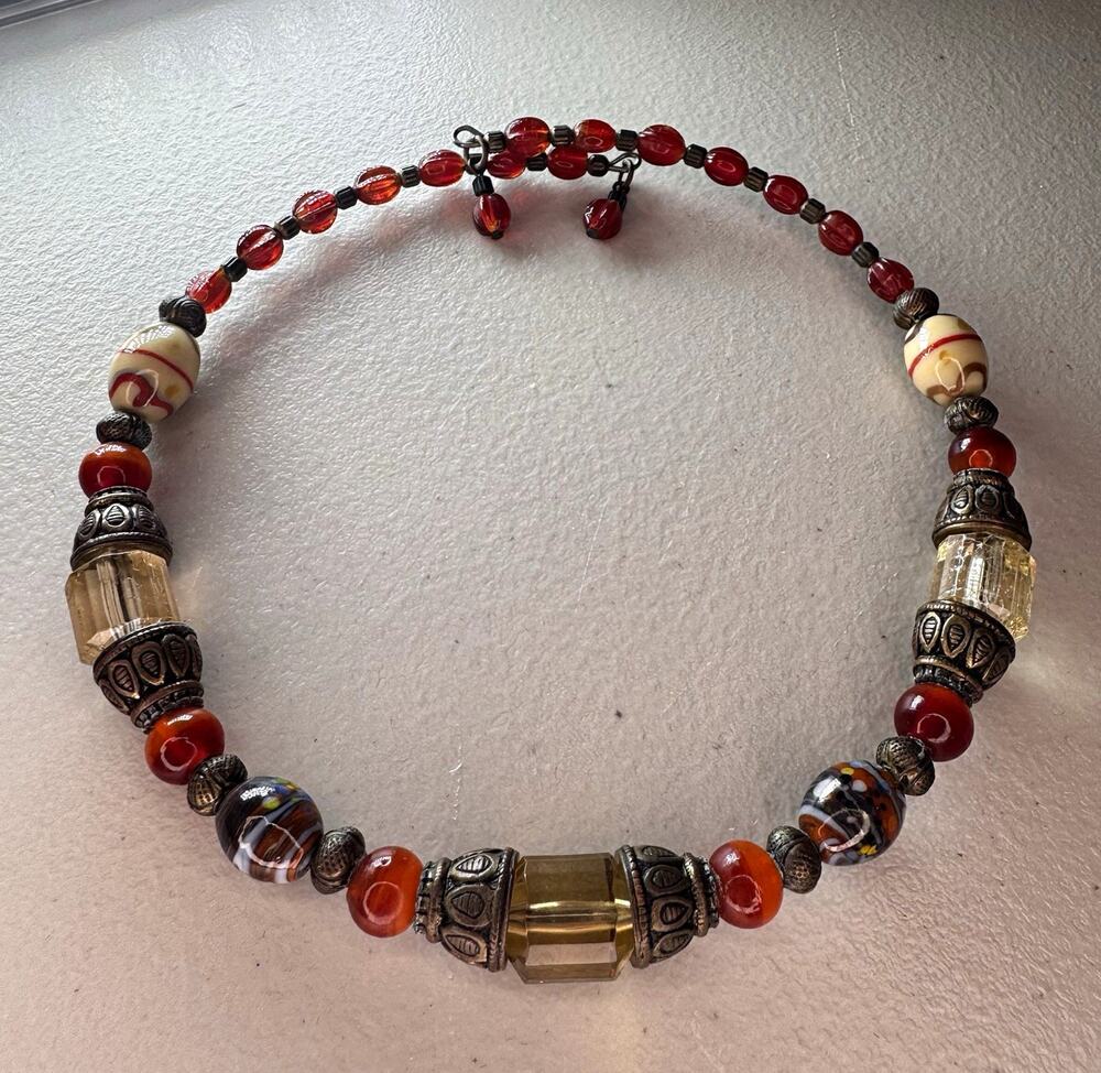 vintage statement beaded collar necklace red glass bronze tone boho choker